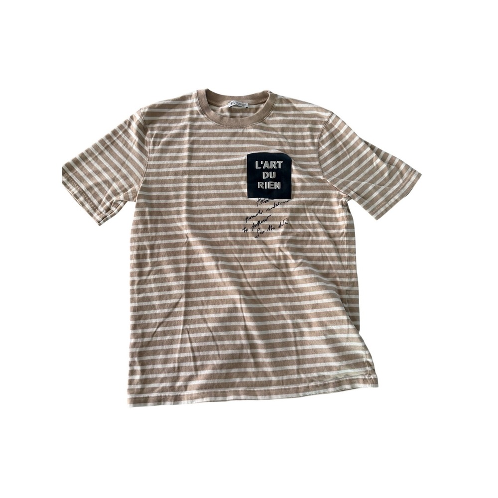 Zara Mens Tan White Striped L'ART DU RIEN Graphic T-Shirt Large 0962/407/183/L